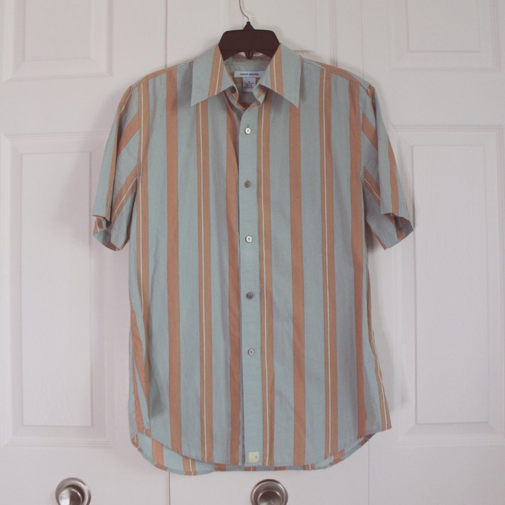 Gene Meyer Light Blue Button Down Shirt with Orange Stripes Medium